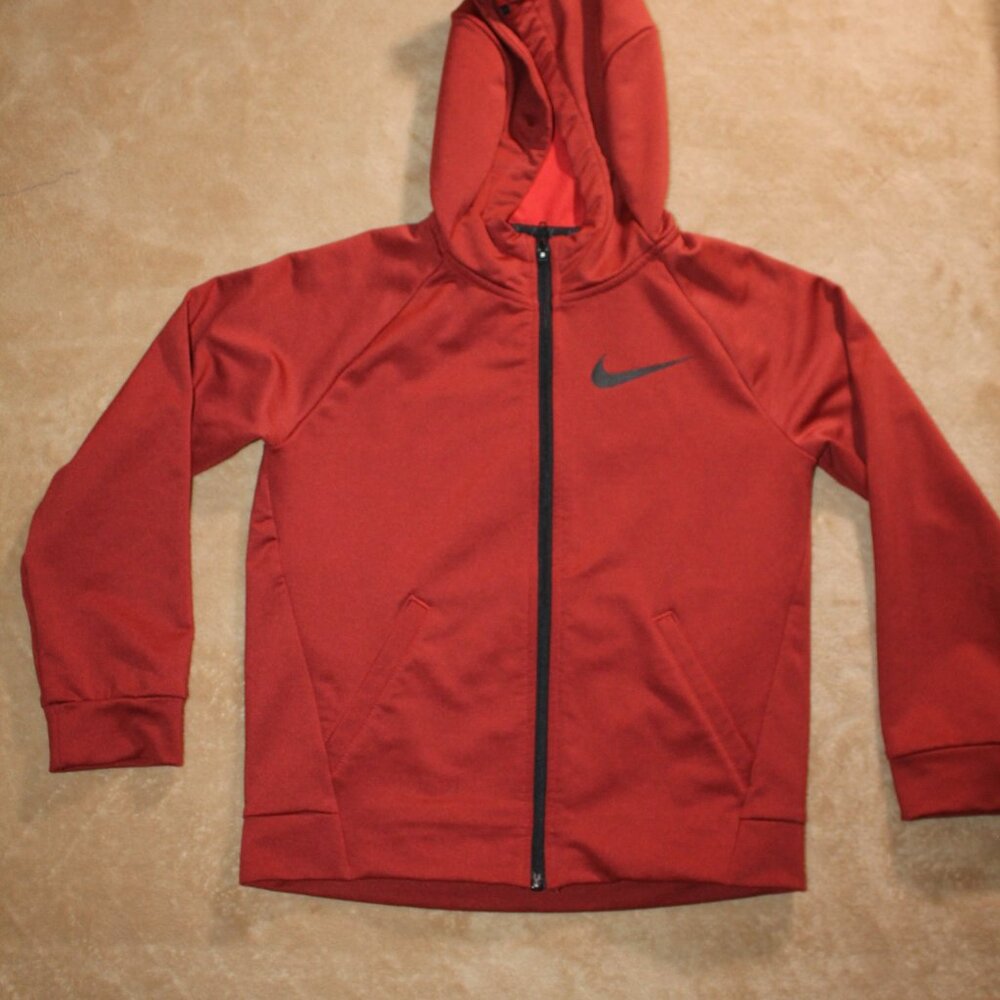 Nike Youth Large Dri-Fit Red Black Log Full Zip‎ Hooded Fall Jacket (AA2)